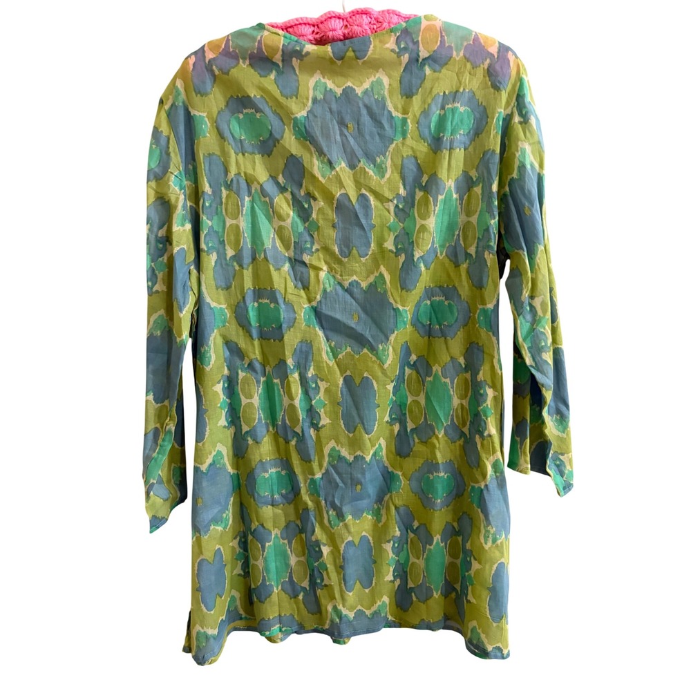 Rockflowerpaper Hillary Lime Beach Tunic‎ XL Blue Green Ikat Cotton Embroidered - Picture 4 of 9